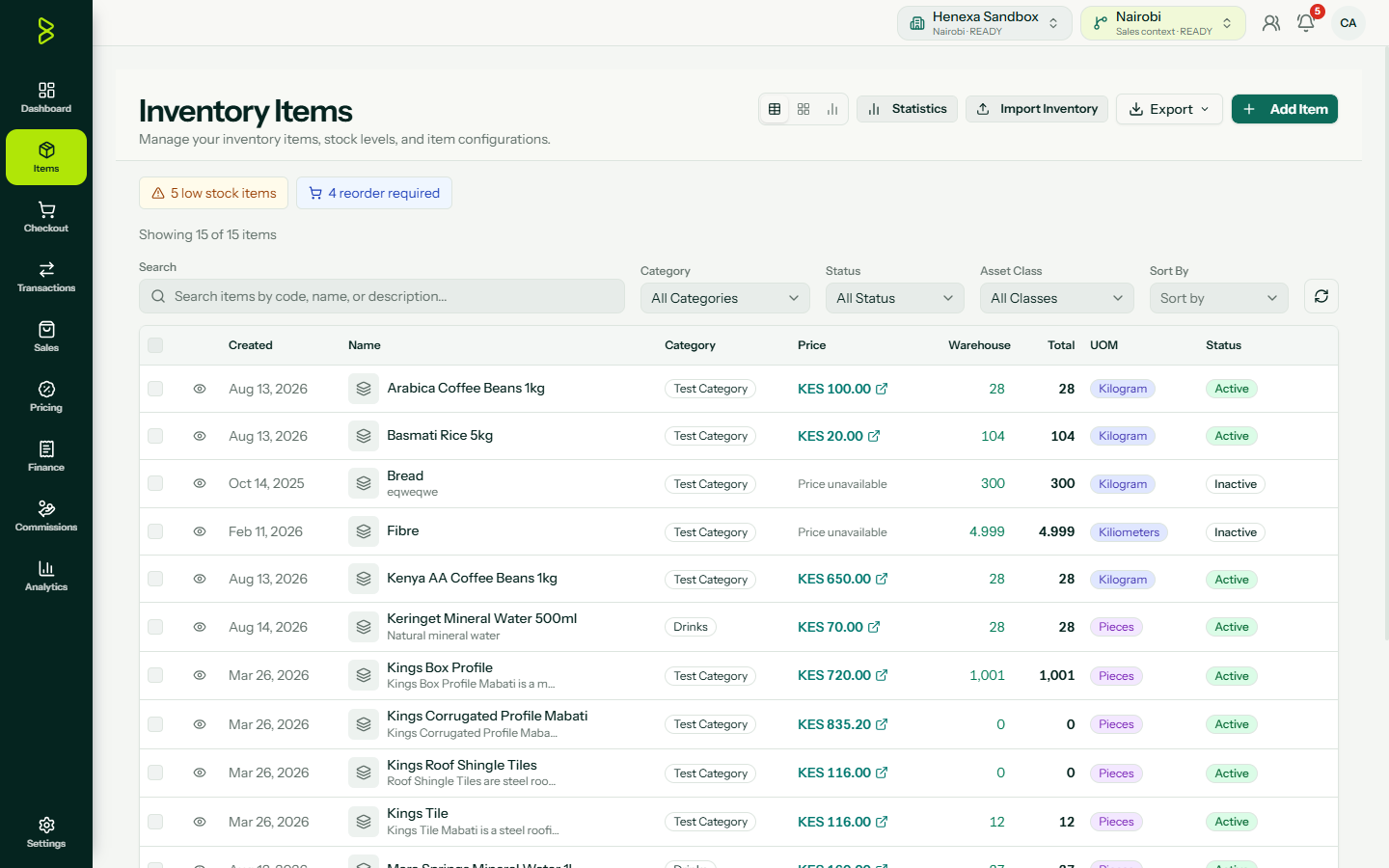 Bizflow inventory page