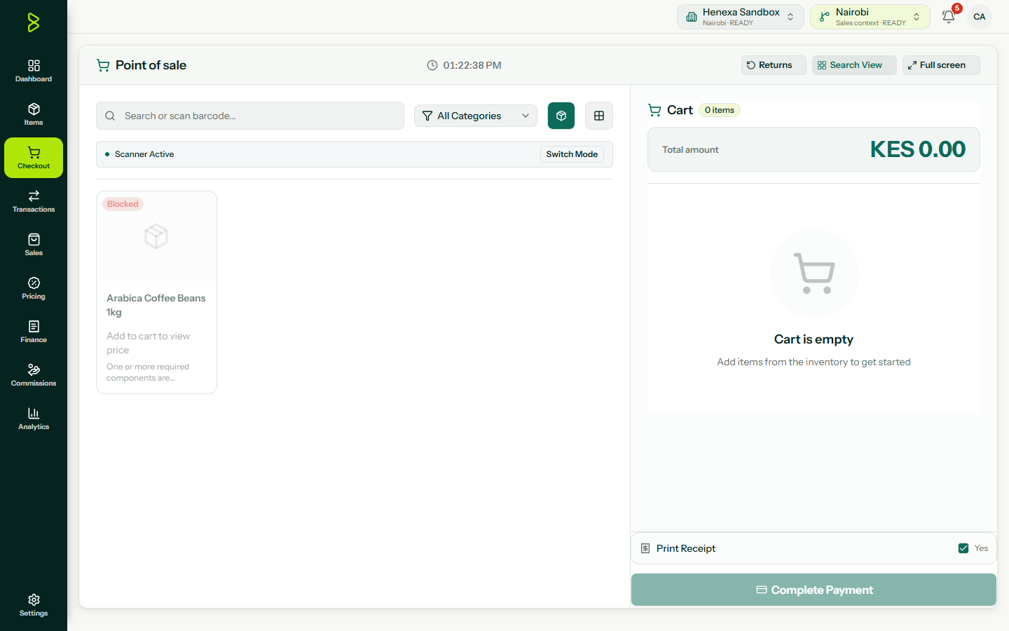 Bizflow point of sale checkout page